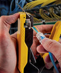 Hands using Pro Grade Data Cable Crimper And Pass Through CAT6 Modular Plug Kit 50 Pack Tool Set For Fast Ethernet Installations
