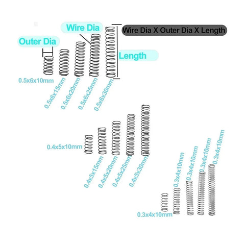 Diagram of 100 Piece Compression Springs Assortment Kit With 15 Sizes, Mini Stainless Steel Springs For Repairs, showing dimensions.