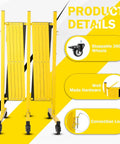 Details of Rock Solid Rolling Security Gate 17ft Expandable Metal Barricade with yellow finish and 360-degree wheels.