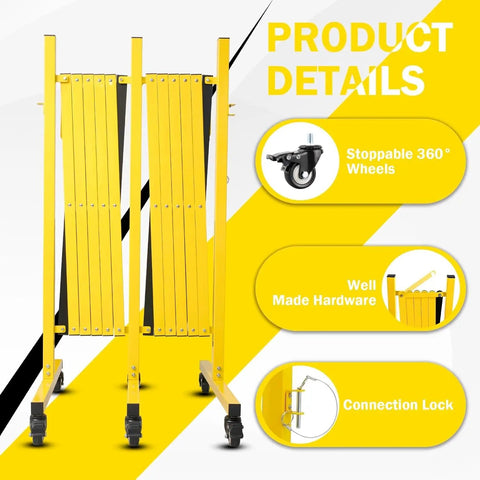 Details of Rock Solid Rolling Security Gate 17ft Expandable Metal Barricade with yellow finish and 360-degree wheels.
