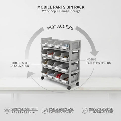 Mobile Double Sided Parts Bin Rack Handy Portable PP Plastic Organizer For Small Hardware And Electronics Parts Workshop And Garage Storage With Easy Access From Both Sides with customizable bins and 360-degree access.