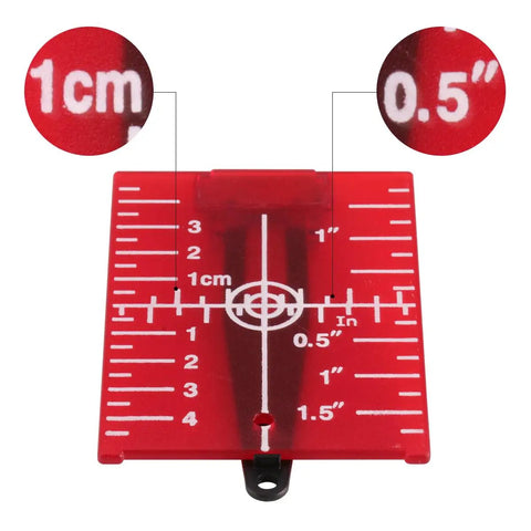 Super Tough Red Laser Enhancement Glasses Kit With Hefty Magnetic L Bracket And Bright Reflective Target Plate showing dual scale aiming pad with metric and imperial markings.