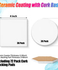 72 Pieces Sublimation Coaster Blanks With Cork Pads White Ceramic Tiles For Heat Transfer DIY shown in square and round shapes
