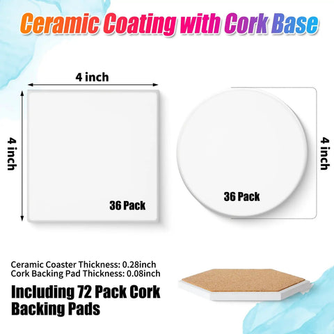 72 Pieces Sublimation Coaster Blanks With Cork Pads White Ceramic Tiles For Heat Transfer DIY shown in square and round shapes