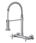 Rock Solid Wall Mount Kitchen Faucet With Smooth Dual Handles And No Fuss Two Function Spray For Laundry Or Commercial Sinks Built Tough From Lead Free Brushed Nickel Stainless Steel, featuring flexible spiral hose.