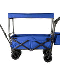 Heavy Duty Collapsible Wagon With Removable Canopy 220 Lb Capacity Foldable Beach Wagon With Big Rugged Wheels shown fully opened in blue