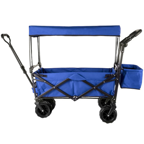 Heavy Duty Collapsible Wagon With Removable Canopy 220 Lb Capacity Foldable Beach Wagon With Big Rugged Wheels shown fully opened in blue