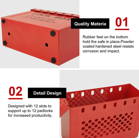 Tough As Nails Lockout Tagout Group Lock Box OSHA Compliant hardened steel with rubber feet, designed for 12 secure padlocks.