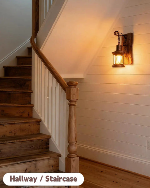 Industrial Farmhouse Wall Sconce With Rustic Wood Base And Glass Lantern Shade, lighting a staircase with cozy warm glow