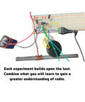 Close-up of Hands-On Radio Electronics Kit Component Pack for 12 Experiments with a breadboard and various wires.
