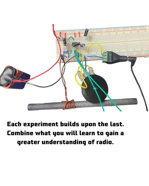 Close-up of Hands-On Radio Electronics Kit Component Pack for 12 Experiments with a breadboard and various wires.