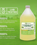 All In One Yard Bug Control Liquid Concentrate 1 Gallon against a green background with lab test results for mosquitoes, fleas, and ants.