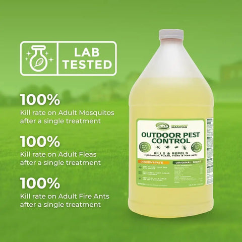 All In One Yard Bug Control Liquid Concentrate 1 Gallon against a green background with lab test results for mosquitoes, fleas, and ants.