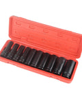 Rock Solid 10pc Deep Impact Socket Set For Cars And Gear Heads, Made From Top Tier Chrome Vanadium Steel Tough As Nails For Quick Repairs On Any Vehicle Or Heavy Duty Job At The Shop. 10-piece deep black sockets in red case