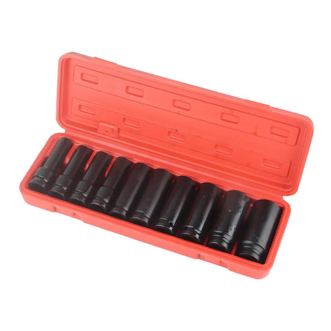 Rock Solid 10pc Deep Impact Socket Set For Cars And Gear Heads, Made From Top Tier Chrome Vanadium Steel Tough As Nails For Quick Repairs On Any Vehicle Or Heavy Duty Job At The Shop. 10-piece deep black sockets in red case