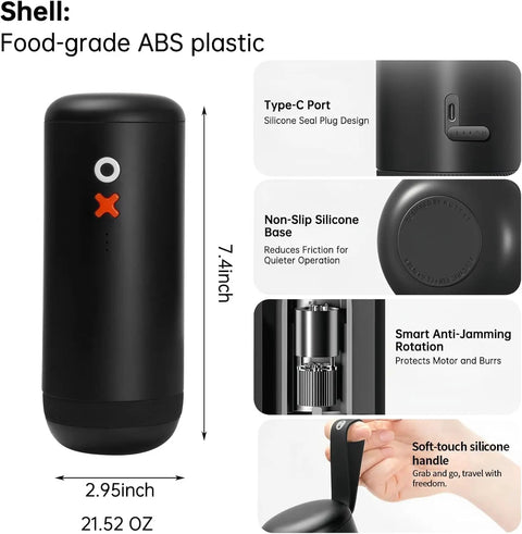 Nuttii&Timemore OX Electric Coffee Grinder Portable Conical Burr Design shown with dimensions, features, and materials for travel and brewing.