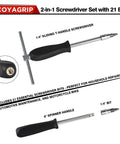 2-in-1 screwdriver set with 21 bits featuring a 1/4 inch sliding T-handle and 6 inch spinner handle, suitable for repairs.