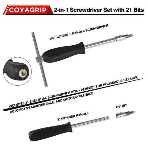 2-in-1 screwdriver set with 21 bits featuring a 1/4 inch sliding T-handle and 6 inch spinner handle, suitable for repairs.
