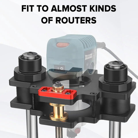 Shop Ready Precision Router Lift Base With Smooth Height Adjust Insert Plate For Woodworking Tables Micro Tuned Down To 1/64 Inch showcasing compact black chassis and height adjustment features.