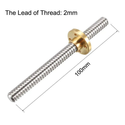 8Mm Diameter 100Mm Stainless Steel Lead Screw Rod With Copper Nut For 3D Printer Z Axis 2 Pack Trapezoidal Thread