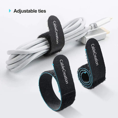 Reusable 6 Inch Adjustable Cable Ties For Easy Cable Management Premium Nylon Hook Loop Straps displayed securing a cable.