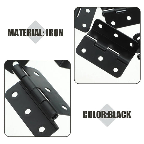 Front view and close-up of 10-pack black iron cabinet box hinges for home furniture.