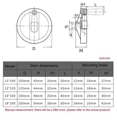 Diagram and dimensions of Hollow Aluminum Handwheel With Foldable Handle 100-200mm Double Spoked Wheel for Milling Machine and Lathe