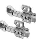 Two stainless steel cabinet door hinges with hydraulic buffers for kitchen cabinets, high load capacity.