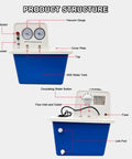 Front view of water circulating vacuum pump with 15 L tank, 60 L/min flow, 0.098 MPa vacuum, 110V for lab use, showing structure labels.