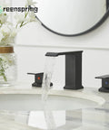 Widespread Matte Black Bathroom Faucet With Drain Assembly, Two Handle Three Hole Sink Tap Featuring A Smooth Waterfall Spout