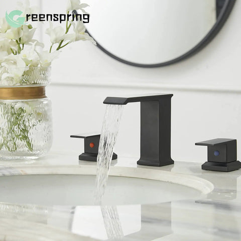 Widespread Matte Black Bathroom Faucet With Drain Assembly, Two Handle Three Hole Sink Tap Featuring A Smooth Waterfall Spout