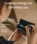 All In One Wireless Microphone System With Two Transmitters And One Receiver, compact design, person holding charging case