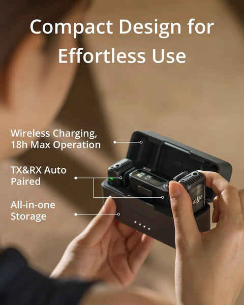All In One Wireless Microphone System With Two Transmitters And One Receiver, compact design, person holding charging case