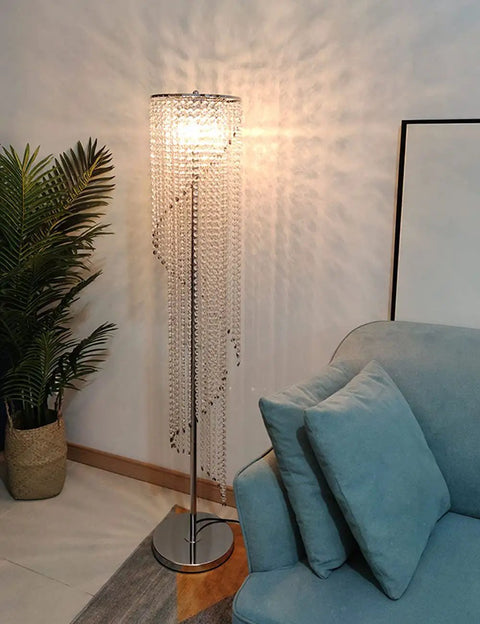 Silver Crystal Floor Lamp In S Shape With Chrome Finish, Romantic Modern Chic Vibe Lighting, Clear Crystal Raindrop Detailing