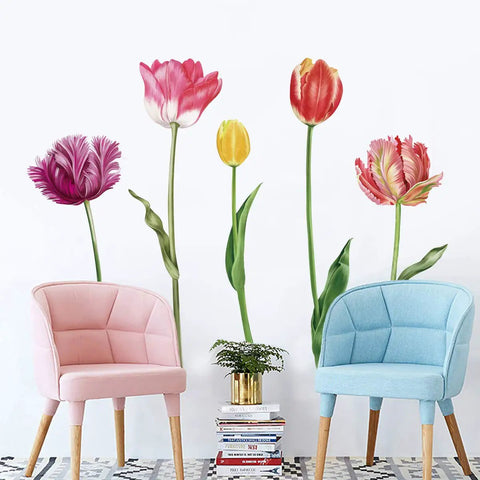 Five Large Tulip Wall Decals Set Garden Floral Wall Art Stickers For Bedroom And Living Room Waterproof Peel And Stick Decor Easy To Remove About 37 Inches High Great Gift For Mom on white wall behind pink and blue chairs.