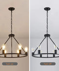Industrial Black Wagon Wheel Chandelier With Six Candle Style Lights Dope Farmhouse Vibe Ceiling Fixture light on and off view