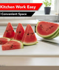 Pro Grade Commercial Plastic Cutting Board With Large 18 By 12 By Half Inch Thick White Poly Surface in use with watermelon slices