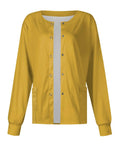 Chic Print Nurse Jacket Long Sleeve Button Down Plus Size Scrubs Medical Workwear Uniform with secure chest pockets in yellow.