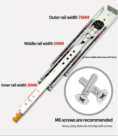 Bulletproof Heavy Duty Steel Drawer Slides And Three Section Fully Extended Rails With Secure Lock For Kitchen Cupboard Wardrobe Cabinet supports 76mm, 55mm, and 30mm widths.