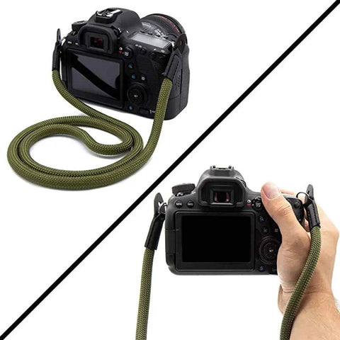 Vintage 100cm Nylon Climbing Rope Camera Strap For Micro Single And DSLR Cameras In Army Green attached to camera body