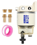Marine Fuel Water Separator Kit For R12T 10 Micron Filter Replacement For Gas And Diesel Outboard Motors One Quarter Inch NPT Inlet And Outlet Includes Two Fittings And Two Plugs Beefed Up Aluminum Housing With Tough Build And Easy Install, displayed with fittings and plugs