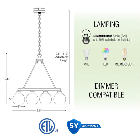 Diagram of Elwood 25-Inch 5-Light Industrial Rustic Wagon Wheel Chandelier with lamping details and dimmer compatibility.