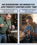 Two images showing a frustrated user with regular punches and a satisfied user using Universal Transfer Punch Center Aligner Tool Set.