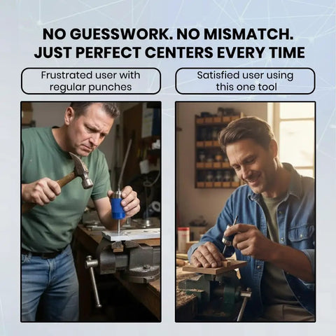 Two images showing a frustrated user with regular punches and a satisfied user using Universal Transfer Punch Center Aligner Tool Set.
