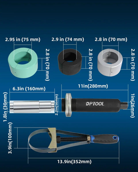 Clamshell Carrier Pinion Bearing Puller Set Color Coded 75mm 74mm 70mm Sizes displayed with dimensions and ergonomic handle.