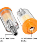 Hella Heavy Duty Water Oil Separator Filter For Air Compressor Built Different With Quarter Inch NPT Threads And Quality Brass Fittings Kicks Condensation Out Smoothly Connects To Spray Guns And Pneumatic Gear Pack Of Two, showing inlet and outlet with male and female threads.