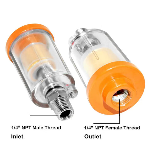 Hella Heavy Duty Water Oil Separator Filter For Air Compressor Built Different With Quarter Inch NPT Threads And Quality Brass Fittings Kicks Condensation Out Smoothly Connects To Spray Guns And Pneumatic Gear Pack Of Two, showing inlet and outlet with male and female threads.