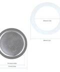 Stovetop Espresso Maker Replacement Gasket Seals And Stainless Filter Screen For 12 Cup Moka Pot Includes Two FDA Grade Silicone Gaskets And One Stainless Steel Filter Dishwasher Safe Silver Finish. Measurements are 77mm for the filter and 84mm for the gasket.