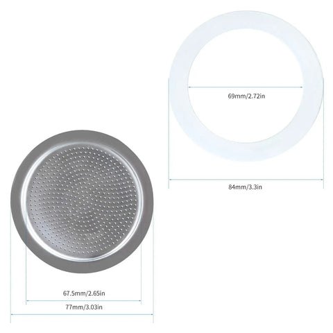 Stovetop Espresso Maker Replacement Gasket Seals And Stainless Filter Screen For 12 Cup Moka Pot Includes Two FDA Grade Silicone Gaskets And One Stainless Steel Filter Dishwasher Safe Silver Finish. Measurements are 77mm for the filter and 84mm for the gasket.