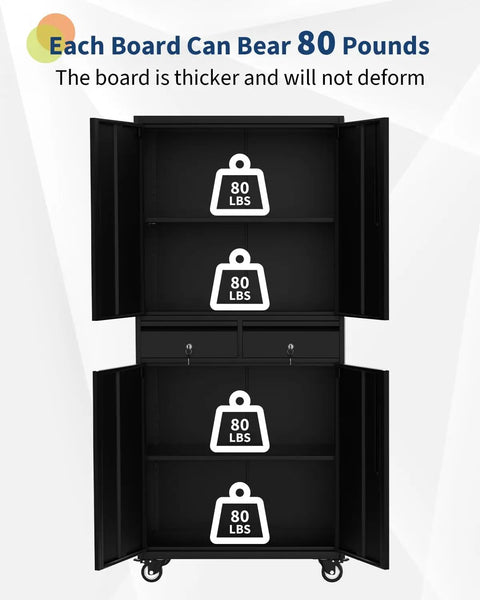 Open view of 72 Inch Metal Storage Cabinet On Wheels With Locking Doors And Two Drawers, displaying weight capacity.